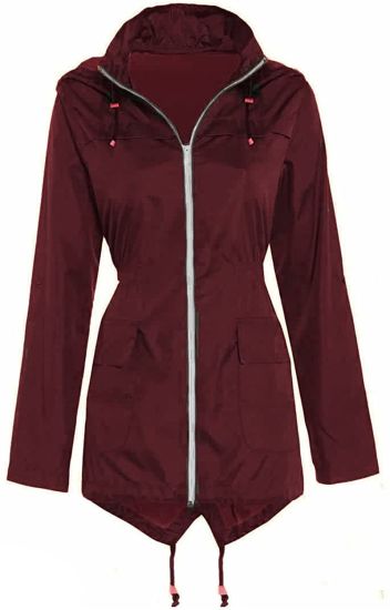 Women Plain Fishtail Hooded Lightweight Rain Parka Polyester Ladies Raincoat Jacket Two Pockets Plus Size